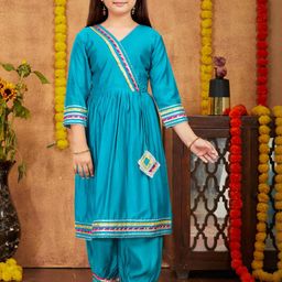 Muhuratam Girls Turquoise Blue Pure Silk Kurta Sets-image-18