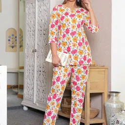 Angvarnika Floral Printed Pure Cotton Round Neck Top With Trousers Co-Ords-picture-49