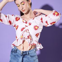 QIOA Floral Printed Bell Sleeves Georgette Crop Top-image-10
