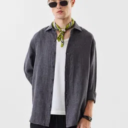 Snitch Men Textured Spread Collar Linen Formal Shirt-image-99