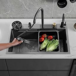 Handmade Kitchen Sink (30x18x10) with Water Pull-Out Faucet nti-Scratch Nano Black Stainless Steel Multi-Functional Sink Vessel Sink-picture-6