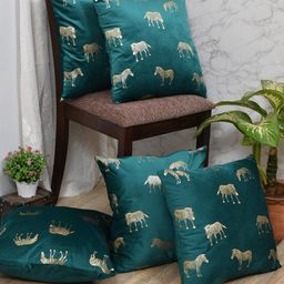Clasiko Green & Gold-Toned Set of 5 Quirky Velvet Square Cushion Covers-27