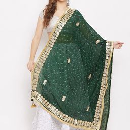 Clora Creation Green & Gold-Toned Tie and Dye Bandhani Gotta Patti Dupatta-10