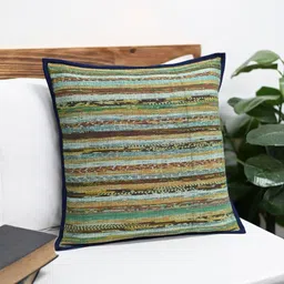 ArtEastri Green & Black Striped Cotton Khesh Square Cushion Cover-0