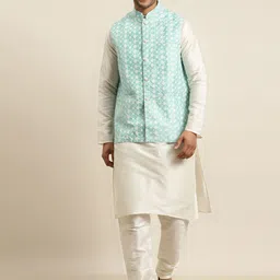 SOJANYA Men Off White Solid Kurta with Churidar & Chikankari Nehru Jacket-9
