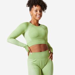 Long-Sleeved Cropped Seamless Fitness T-Shirt - Olive Green-image-4