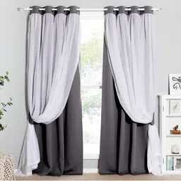 BFAM Grey & White Double Layer Black Out & Sheer Window Curtain-image-58