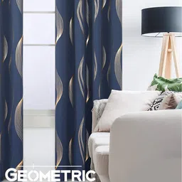 URBAN SPACE Navy Blue & Gold-Toned Printed Black Out Door Curtain-image-92