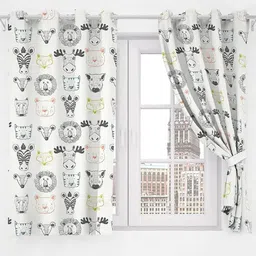 URBAN SPACE White & Grey Quirky Printed Black Out Window Curtain-3