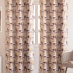 HOMEMONDE White & Yellow Set of 2 Striped Black Out Window Curtain-2