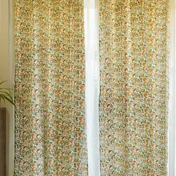 URBAN SPACE White & Mustard Yellow 2-Pieces Floral Cotton Long Door Curtains-52