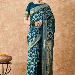 HERE&NOW Embellished Zari Silk Blend Fusion Banarasi Saree-image-21