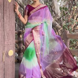 DIVASTRI Tie and Dye Zari Organza Saree-image-55