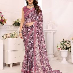 The Textile Hub Floral Printed Mirror Work Pure Georgette Designer Saree-50