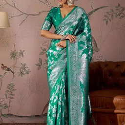 Sangria Ethnic Motifs Woven Design Zari Detail Banarasi Saree With Unstitched Blouse-image-21
