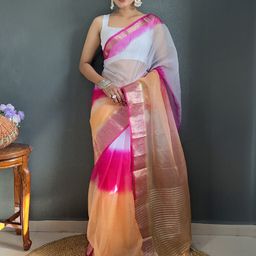 Mitera Ombre Zari Organza Saree With Blouse Piece-image-94