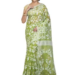 BENGAL HANDLOOM Green & White Woven Design Coton Silk Jamdani Saree-image-9