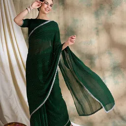 HERE&NOW Embellished Beads and Stones Silk Blend Fusion Banarasi Saree-image-61