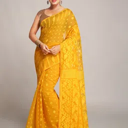 BENGAL HANDLOOM Yellow Ethnic Woven Design Cotton Silk Jamdani Saree-50