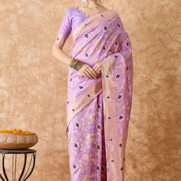 HERE&NOW Woven Design Zari Silk Blend Fusion Banarasi Saree-image-97