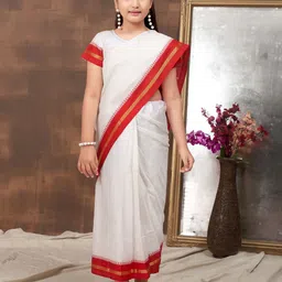 Sangria Girls Solid Banarasi Saree with Stitched Blouse-33
