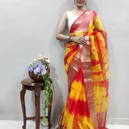 Mitera Tie and Dye Zari Organza Leheriya Saree-image-3
