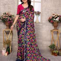 The Textile Hub Floral Printed Mirror Work Saree-image-30