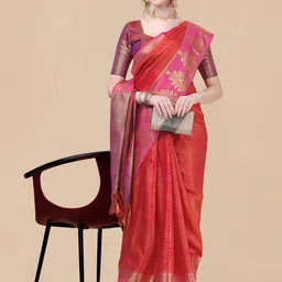 Sangria Pink & Gold-Toned Ethnic Motifs Zari Silk Blend Banarasi Saree-picture-49