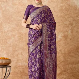 HERE&NOW Embellished Zari Silk Blend Fusion Banarasi Saree-image-87
