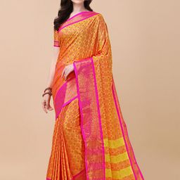 KALINI Gold-Toned & Pink Woven Design Zari Pure Silk Ikat Saree-image-53