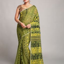 BENGAL HANDLOOM Green & Yellow Ethnic Woven Design Cotton Silk Jamdani Saree-image-81