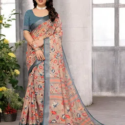 Ambuja International Floral Printed Zari Pure Linen Saree-image-92