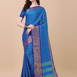 KALINI Turquoise Blue & Navy Blue Woven Design Zari Pure Silk Ikat Saree-image-48