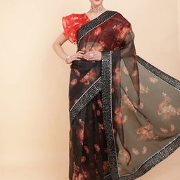 Sangria Black & Red Floral Sequinned Organza Saree-image-82