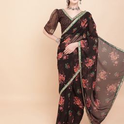 Sangria Black & Red Floral Sequinned Pure Georgette Saree-picture-32