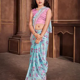 LOOKS AND LIKES Girls Floral Sequinned Satin Ready To Wear Saree-picture-55