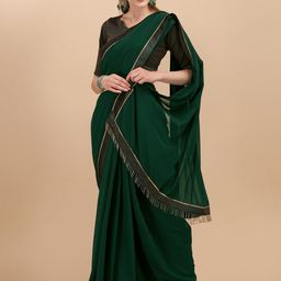 Sangria Bottle Green & Gold-Toned Solid Woven Design Saree-image-30