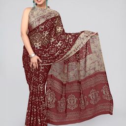 MIRCHI FASHION Maroon & Beige Batik Block Print Saree-image-37