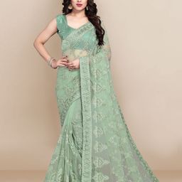 VAIRAGEE Green Ethnic Motifs Embroidered Net Saree-45