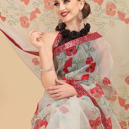 Sangria Copper-Toned & Cream-Coloured Floral Mirror Work Organza Saree-image-108
