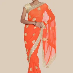 KALINI Orange & Gold-Toned Floral Embroidered Party Wear Saree-picture-54