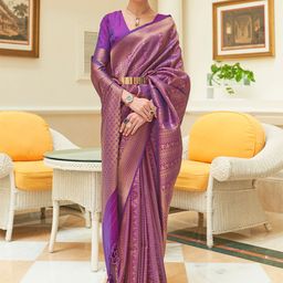 Mitera Purple & Golden Woven Design Zari Silk Blend Kanjeevaram Saree-picture-42