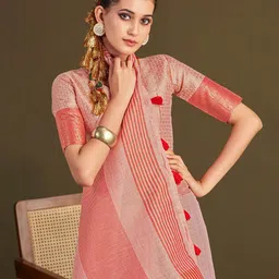 Sangria Ethnic Motifs Zari Linen Blend Khadi Saree-image-32