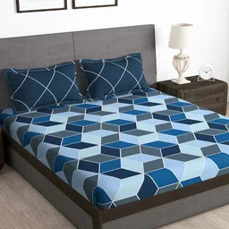 Story@home Blue & White Geometric 180 TC Queen Bedsheet with 2 Pillow Covers-image-89