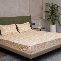 URBAN SPACE Brown & White Printed Cotton 200 TC Queen Bedsheet With 2 Pillow Covers-image-13