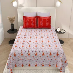 Qfab Purple & White Floral Cotton 144 TC King Bedsheet with 2 Pillow Covers-picture-30