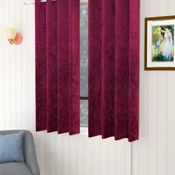 Aura Burgundy 2 Pieces Self Design Velvet Room Darkening  Window Curtains-16