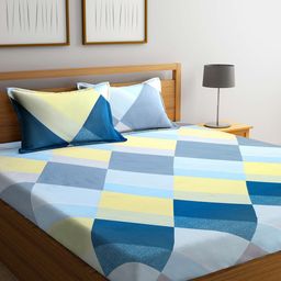 KLOTTHE Blue & Yellow Geometric Printed 300 TC Double King Bedsheet With 2 Pillow Covers-image-49