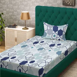 KLOTTHE Book Fold Blue & White Geometric-Printed 300TC Single Bedsheet With 1 Pillow Cover-image-33