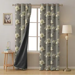 BFAM Grey & Beige Floral Printed Black Out Window Curtain-5